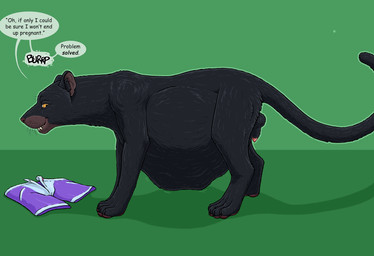 4_toes amber_eyes animal_genitalia animal_penis anthro balls belly big_belly black_balls black_sheath bottomwear brown_nose brown_pawpads clothing digestion feet feline_genitalia feline_penis feral feral_pred fully_inside genitals green_background human_prey male melanistic pawpads penis pink_penis sharp_teeth sheath shorts simple_background solo tail teeth text toes vore whiskers strega the_jungle_book bagheera_(jungle_book) felid human leopard mammal pantherine english_text hi_res shaded
