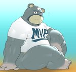 anthro belly clothing humanoid_hands kemono male musclegut muscular overweight overweight_anthro overweight_male shirt sitting solo text text_on_clothing text_on_shirt text_on_topwear topwear kira_nerisu animal_crossing nintendo curt_(animal_crossing) bear mammal 2020