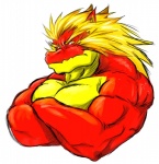 anthro biceps big_muscles blonde_hair clothed clothing crossed_arms fur hair horn looking_at_viewer male muscular muscular_anthro muscular_male nude pecs pose red_body red_skin scales simple_background solo topless white_background yellow_eyes timberwolfmax mythology dragon mythological_creature mythological_scalie scalie