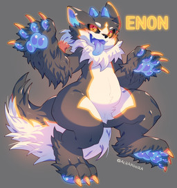 3_toes 4_fingers ambiguous_gender anthro belly big_hands big_tail black_body black_fur black_sclera blue_pawpads bodily_fluids chibi claws countershading crotch_tuft digitigrade ear_piercing ear_ring fangs feet fingers fluffy fluffy_tail foot_tuft fur glistening glistening_pawpads glowing glowing_body glowing_eyes glowing_horn glowing_pawpads glowing_tongue grey_background hair heel_tuft hindpaw horn kemono looking_at_viewer multicolored_body multicolored_fur multicolored_tail neck_tuft nude open_mouth open_smile pawpads paws piercing ponytail ring_piercing saliva short_ponytail simple_background slightly_chubby slightly_muscular smile solo standing tail teeth text thick_thighs toe_claws toes tongue tongue_out tuft two_tone_body two_tone_fur white_body white_countershading white_fur wide_hips yellow_eyes achakura mythology canid canine dragon furred_dragon furred_scalie hybrid mammal mythological_creature mythological_scalie scalie absurd_res english_text hi_res