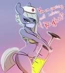 anthro anthrofied bra breasts clothing dialogue face_mask female hat headgear headwear nurse nurse_clothing nurse_hat nurse_headwear panties solo syringe text underwear wide_hips kennzeichen friendship_is_magic hasbro my_little_pony limestone_pie_(mlp) equid equine horse mammal pony english_text