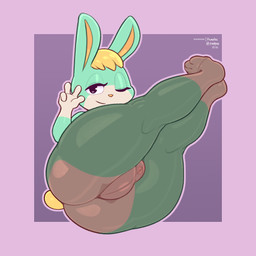 anthro backsack balls big_butt blonde_hair butt clothing feet femboy fur genitals gesture green_body green_fur hair hand_gesture huge_butt leggings leggings_only legwear looking_at_viewer male one_eye_closed pantyhose perineum scut_tail short_tail smile smirk solo tail thick_thighs toes v_sign wide_hips wink frumples animal_crossing nintendo sasha_(animal_crossing) lagomorph leporid mammal rabbit 1:1 2021 digital_media_(artwork)