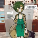 anthro apron apron_only beverage breasts clothing coffee dipstick_tail fangs female fur green_hair hair half-closed_eyes markings mostly_nude narrowed_eyes nipples sabertooth_(anatomy) small_breasts solo spots spotted_body spotted_fur tail tail_markings teeth text sicmop i_mean_breast_milk starbucks saber_(ribbon28) felid mammal 1:1 2023 english_text hi_res meme