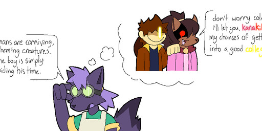 anthro clothed clothing duo female hair human_on_anthro humor interspecies male red_eyes smile speech_bubble text thought_bubble 4chan_anon anonymous_artist deltarune_yellow undertale_(series) undertale_yellow chujin_ketsukane cole_(deltarune_yellow) kanako_ketsukane canid canine fox human mammal english_text meme
