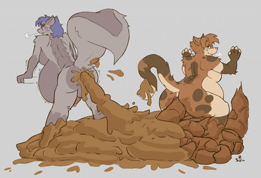 anthro anus balls belly belly_overhang big_belly blue_hair breasts breath brown_body brown_fur brown_hair butt crouching duo emanata excessive_feces eyes_closed feces feces_everywhere feces_on_balls feces_on_body feces_on_butt feces_on_genitals feces_on_ground feces_on_leg feces_on_penis feces_on_tail feces_pile female female_pooping fingerless_(marking) fingerless_gloves_(marking) fur genitals gloves_(marking) grey_background grey_body grey_fur gynomorph gynomorph_pooping hair half-closed_eyes hand_on_wall hyper hyper_feces hyper_feces_pile intersex leg_markings looking_back markings narrowed_eyes open_mouth penis pooping pooping_on_floor pooping_together raised_tail scatplay simple_background skunk_tail socks_(marking) tail tan_body tan_fur yoorik domestic_cat felid feline felis mammal mephitid skunk 2020 dated signature