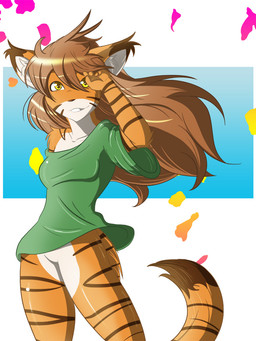 abstract_background anthro biped black_body black_fur blue_background bottomless bottomless_anthro bottomless_female breasts brown_hair clothed clothing countershading female flower fur green_clothing green_shirt green_topwear hair long_hair orange_body orange_fur petals plant shirt simple_background smile solo standing striped_body striped_fur stripes tail teeth topwear white_background white_body white_fur wind yellow_eyes evonallure twokinds flora_(twokinds) felid keidran mammal pantherine tiger