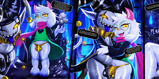 after_anal anal anthro anus bodily_fluids bulge clothing cowgirl_position cum cum_expulsion cum_in_ass cum_inside delta_rune_(emblem) detailed_bulge dominant dominant_male duo femboy from_front_position fur gaping gaping_anus genital_fluids genital_outline genitals glistening glistening_body glistening_genitalia glistening_penis gold_underwear golden_clothing imminent_sex jester kissing larger_sub latex male male/male musk musky_anus on_bottom on_top penetration penile penile_penetration penis penis_outline penis_rubbing penis_touching penises_touching possession precum pubes sex shortstack shortstack_male silver_body silver_penis size_difference smaller_male smug submissive symbol thong tight_thong tight_underwear underwear white_body white_fur ichimoral deltarune undertale undertale_(series) jevil_(deltarune) ralsei bovid caprine goat humanoid imp mammal absurd_res hi_res