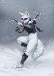 4_toes 5_fingers anthro bottomless clenched_teeth clothed clothing feet female fingers front_view fur holding_object holding_weapon inner_ear_fluff looking_at_viewer outside pawpads paws snow snowing solo standing tail teeth toes topwear tuft weapon white_body white_fur white_tail winter yellow_eyes foxovh teenage_mutant_ninja_turtles alopex canid canine fox mammal 2024 hi_res