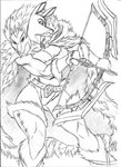 angry anthro arrow_(weapon) belt big_breasts bow_(weapon) breasts cleavage cloak clothed clothing female fur_cloak gloves handwear hunter legwear ranged_weapon solo thigh_highs weapon chochi deer mammal 2023 absurd_res graphite_(artwork) greyscale hi_res monochrome sketch traditional_media_(artwork)