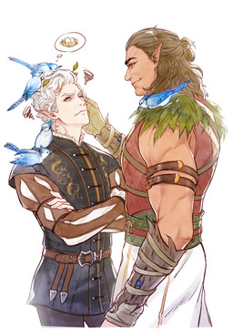 braided_hair brown_hair crossed_arms duo feral hair humanoid_pointy_ears male male/male pointy_ears ponytail white_hair baiyameng baldur's_gate baldur's_gate_3 bioware electronic_arts larian_studios astarion_(baldur's_gate) halsin_(baldur's_gate) avian bird blue_jay corvid elf humanoid jay_(bird) new_world_jay oscine passerine vampire hi_res