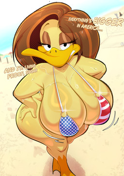 american_flag_bikini anthro beach bikini biped bodily_fluids breasts brown_hair clothed clothed_anthro clothed_female clothing dialogue eyelashes female female_anthro flag_bikini glistening glistening_body hair non-mammal_breasts outside pupils smile solo standing sweat swimwear text thick_thighs two-piece_swimsuit yellow_body illustratorfake the_looney_tunes_show warner_brothers tina_russo anatid anseriform avian bird duck absurd_res hi_res