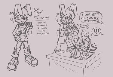 barefoot belt bon_bon_the_rabbit boots bound clothing dress feet female foot_focus footwear furniture gloves hair handwear intersex intersex/female knee_boots knee_highs legwear offscreen_character ponytail shoes soles solo speech_bubble table text tickle_torture tickling tickling_feet caroo sega sonic_the_hedgehog_(series) fan_character lagomorph leporid mammal rabbit monochrome sketch