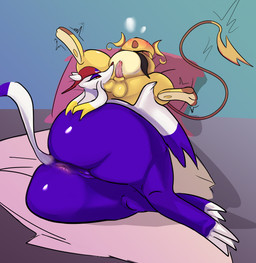 animal_genitalia anthro anus backwards_cap ball_suck balls baseball_cap bedroom_eyes big_butt blush bodily_fluids butt clothing duo emanata erection female female_anthro genital_fluids genitals hat headgear headwear huge_butt long_tail lying male male/female narrowed_eyes on_back on_side open_mouth oral penis pillow precum seductive sex sheath sucking tail tapering_penis vulva squaresville nintendo pokemon sylvie_(wups) generation_1_pokemon generation_5_pokemon mienshao pokemon_(species) raichu colored digital_media_(artwork) hi_res shaded