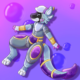 anthro big_tail blue_body bubble digitigrade glistening glistening_body glistening_latex horn inflatable latex liquid machine male permanent_smile plastic pool_toy purple_body seam_(sewing) smile solo tail translucent translucent_body valve_nipple white_body sammywhich animate_inanimate protogen robot 1:1