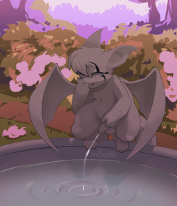 anthro balls bodily_fluids crouching fountain garden genital_fluids genitals grey_body inanimate_transformation male outside peeing peeing_into_water penis petrification smile solo text transformation urine urine_stream mvsnake dust:_an_elysian_tail sky_(rainford_cloud) bat mammal nimbat artist_name digital_media_(artwork) hi_res trans_(lore) trans_woman_(lore)