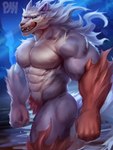 abs absurd_res anthro biceps blue_body campfire_cooking_in_another_world_with_my_absurd_skill canid canine canis fel_(fenrir) fur green_eyes hi_res looking_at_viewer male mammal muscular muscular_anthro muscular_male nude pecs physen solo tongue tongue_out wolf