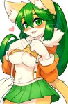 anthro areola belly_tuft bottomwear breasts clothed clothing clothing_lift cute_fangs fangs female female_anthro fur green_eyes green_hair hair heart_symbol kemono long_hair looking_at_viewer midriff navel nipples open_mouth pink_nose shirt shirt_lift skirt solo tail teeth tongue topwear tuft under_boob whiskers white_body white_fur yellow_body yellow_fur yellowparrottw sundyz domestic_cat felid feline felis mammal 2023 absurd_res digital_media_(artwork) hi_res portrait three-quarter_portrait