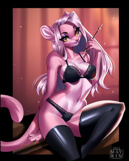 anthro biped black_border black_bra black_clothing black_legwear black_panties black_thigh_highs black_underwear border bra breasts claws clothed clothing countershade_face countershade_fur countershade_torso countershading eyebrows eyelashes eyeshadow female finger_claws fur golden_claws hair holding_object legwear long_hair looking_at_viewer makeup markings mole_(marking) navel panties pink_body pink_fur pink_hair sitting solo thigh_highs underwear yellow_eyes mayrin_(artist) felid lion mammal pantherine 2023 absurd_res dated digital_media_(artwork) hi_res shaded