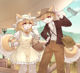 aged_up anthro blonde_hair clothing duo female hair male shy yellow_body yellow_eyes lalamedli cyberconnect2 fuga:_melodies_of_steel little_tail_bronx chick_montblanc hack_montblanc canid canine caninu canis domestic_dog herding_dog mammal pastoral_dog welsh_corgi 2025 absurd_res hi_res brother_(lore) brother_and_sister_(lore) sibling_(lore) sister_(lore) twins_(lore)