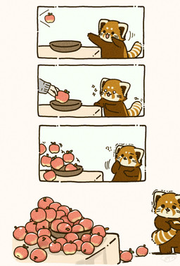 apple black_eyes black_nose brown_body chibi dot_eyes duo exclamation_point feral food fruit humanoid_hands kemono plant question_mark simple_eyes solo worried shi_nominmin ailurid mammal red_panda 2024 hi_res