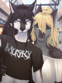 ambiguous_gender anthro clothed clothing duo female hip_grab mall photo public selfie smile 0xk1ru haru_(haruawuu) seiju_(seijukaiju) aquatic canid canine canis fish mammal shark wolf 3:4 absurd_res hi_res