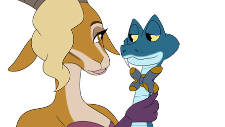 anthro armwear blonde_hair blue_body blue_scales bow_tie brown_eyes clothing dress duo elbow_gloves fangs female feral fur gloves hair handwear male scales tan_body tan_fur teeth yellow_eyes hahstudios disney who_framed_roger_rabbit zootopia gary_de'snake gazelle_(zootopia) antelope bovid gazelle mammal pit_viper reptile scalie snake viper
