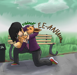 duo laugh male park tickling poofythedragon nintendo pokemon eevee generation_1_pokemon human mammal pokemon_(species) absurd_res hi_res
