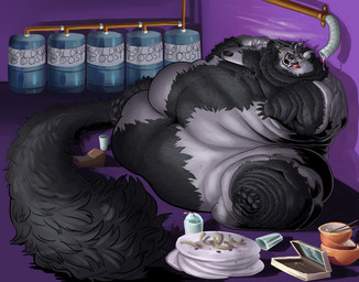 anthro black_body black_fur bowl container drugs feeding_tube food fur horn male marijuana marijuana_blunt medical_instrument morbidly_obese morbidly_obese_male obese obese_male overweight overweight_male plate scientific_instrument smoking smoking_marijuana solo weight_gain dekuinthelake canid canine canis mammal wolf