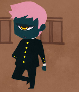 1_eye black_dress_shirt clothing green_body green_skin hair male pink_hair school_uniform solo standing uniform vector_art oouyuki_benten humanoid monster 2009 hi_res