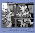 anthro book border bottomwear clothed clothing dialogue duo female loincloth male partially_clothed rear_view sitting standing text rick_griffin in_the_new_age ideka rikitakawi canid canine canis mammal procyonid raccoon wolf 2015 english_text greyscale monochrome signature