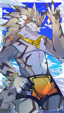 anthro black_sclera bracelet bulge claws clothing droplets ear_piercing ear_ring fur gold_(metal) gold_jewelry green_eyes grey_body grey_fur hand_on_hip jewelry male mane necklace pawpads piercing ring_piercing sky smile solo sparkles striped_body striped_fur stripes swimwear tail teeth water nightwolf1225 lifewonders tokyo_afterschool_summoners seth_(tas) canid canine canis jackal mammal absurd_res hi_res tagme watermark