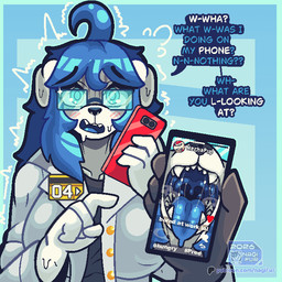 anthro big_breasts bodily_fluids breasts cellphone clothed clothing coat dialogue electronics embarrassed eyewear fangs glasses hair herm intersex lab_coat looking_at_viewer mouth_shot nerd open_mouth phone profile ruined_reputation saliva saliva_string shaking simple_background smartphone solo speech_bubble sweat teeth text tongue tongue_out topwear uvula vore wearing_glasses nagifur skye_(nagifur) canid canine mammal 1:1 comic digital_media_(artwork) english_text