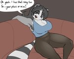 anthro armpit_hair big_breasts body_hair bottomwear breasts cleavage clothed clothing female hair looking_at_viewer pants simple_background smile solo text thick_thighs yoga_pants blackbetty franciene_(tango's_family) mammal procyonid raccoon 5:4 english_text