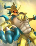 abs anthro armor blue_body broken_armor gold_(metal) gold_armor male midriff pecs red_eyes solo stymieg101 bandai_namco digimon digimon_(species) magnamon scalie absurd_res hi_res