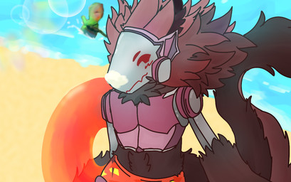 anthro beach clothing duo machine male sun sunscreen swimming_trunks swimwear impishstupidity muppets katamari_(character) kermit_the_frog protogen