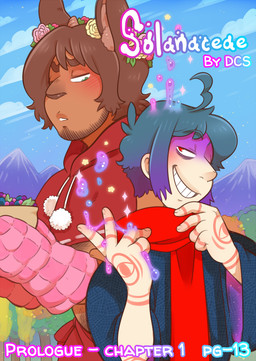 arm_tattoo blue_hair brown_body brown_hair brown_skin clothing hair half-closed_eyes handwear highlights_(coloring) hood magic_user narrowed_eyes oven_mitts purple_highlights robe scarf smile smirk smug smug_face smug_grin stubble tan_body tan_skin tattoo text title_card darkchibishadow solanaceae battam_(solanaceae) sal_(solanaceae) human humanoid mammal satyr comic english_text