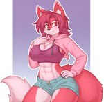 abs anthro bottomwear bra breasts cleavage clothed clothing cropped_hoodie cute_fangs denim denim_bottomwear denim_clothing denim_shorts drawyourfursona fangs female female_anthro fluffy fluffy_tail hair hand_on_hip hoodie kemono looking_at_viewer midriff muscular muscular_anthro muscular_female red_eyes shirt shorts smile solo sports_bra tail teeth topwear twitter_hoodie underwear dobrota meme_clothing regys_(carp) canid canine fox mammal digital_media_(artwork) hi_res meme shaded