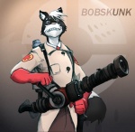 anthro black_body black_fur clothing eyewear fur glasses gloves handwear looking_at_viewer male medi_gun solo text ayato team_fortress_2 valve bobskunk medic_(team_fortress_2) mammal mephitid skunk 2007 english_text