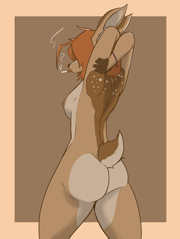 black_nose breasts brown_body cigarette countershading female fingers fur hair nipples nude orange_hair pose short_hair smoking solo spots tan_body tan_fur wristband the_man deer mammal 2022 3:4 absurd_res hi_res portrait three-quarter_portrait