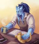 ambiguous_gender beverage book desk feral furniture hair male solo table taliamirai blizzard_entertainment warcraft bookkeeper domestic_cat draenei felid feline felis humanoid mammal 2015