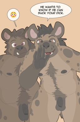 anthro balls black_balls black_hair black_nipples black_penis body_hair brown_body brown_fur brown_hair chest_tuft duo emoji foreskin fur genitals hair happy_trail looking_at_viewer male nipples nude nude_anthro nude_male overweight overweight_anthro overweight_male penis pubes snaggle_tooth spots talking_to_viewer tan_body tan_fur teeth text thought_bubble tuft bolt_carrier hyena mammal spotted_hyena absurd_res english_text hi_res