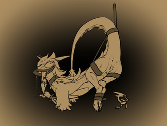 anus bdsm blindfold bodily_fluids bondage bound broken_horn drooling ear_piercing ear_tag female feral feral_bondage fur genitals horn legs_together muzzle_(object) muzzled notched_ear piercing saliva simple_background solo teats vulva iuno mythology smoliene dragon furred_dragon furred_scalie mule_dragon mythological_creature mythological_scalie scalie hi_res