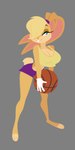 anthro ball basketball_(ball) blonde_hair blue_eyes bottomwear breasts buckteeth cleavage clothed clothing female gloves grey_background hair hair_over_eye handwear purple_bottomwear purple_clothing purple_shorts shirt short_tail shorts simple_background solo tail teeth topwear yellow_clothing yellow_shirt yellow_topwear captain_molasses looney_tunes space_jam warner_brothers lola_bunny lagomorph leporid mammal rabbit 2023 absurd_res hi_res