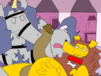 anthro bed bedroom bunk_bed collar collar_only doorway duo furniture genitals harness horn kissing lamp male male/male nude penis penis_kissing service_top throbbing throbbing_penis tongue tongue_out yellow_body conditional_dnp furryfluffbutt electronic_arts mythology peggle popcap_games bjorn_(peggle) equid equine felid lion mammal mythological_creature mythological_equine pantherine unicorn 4:3 animated loop