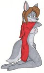 anthro breasts cape clothing covering covering_crotch female fur grey_body grey_fur navel nipples solo tail tabbiewolf fairy_tales big_bad_wolf canid canine canis mammal wolf low_res