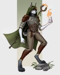 anthro armor brown_hair cape clothed clothing ear_tuft fire front_view fur grey_body grey_fur hair hood magic_user male markings mouth_closed purple_eyes short_hair simple_background solo staff standing text tuft white_body white_fur yellow_markings marie_merkh felid mammal 4:5 artist_name full-length_portrait hi_res portrait