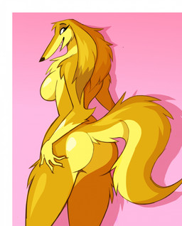 anthro border breasts butt butt_heart featureless_breasts female fur humanoid_hands looking_at_viewer looking_back looking_back_at_viewer pink_background presenting presenting_hindquarters side_boob simple_background smile smiling_at_viewer solo tail white_border yellow_body yellow_fur inget fixed_(film) honey_(fixed) borzoi canid canine canis domestic_dog hunting_dog mammal sighthound 2026 digital_drawing_(artwork) digital_media_(artwork) hi_res