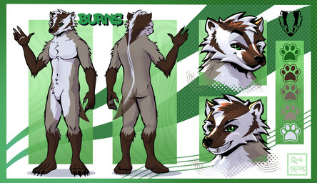 badger_tail brown_body brown_fur claws color_swatch facial_markings fangs fur green_eyes head_markings male markings short_tail solo striped_markings striped_tail stripes tail tail_markings teeth white_torso gui.sketches burns_(badgerbone) american_badger badger mammal mustelid musteline hi_res model_sheet