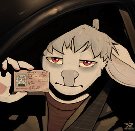 anthro antlers car clothed clothing driver driver's_license fingers footprint front_view fur grey_hair grey_nose hair holding_object horn inside_car inside_vehicle jacket looking_at_viewer male night pawprint photo red_eyes sad safety_belt solo sweater text topwear tuft tufted_fur vehicle white_body white_fur reetogoth gooddeer deer mammal new_world_deer reindeer 2025 colored digital_drawing_(artwork) digital_media_(artwork) english_text hi_res shaded signature