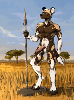 balls blue_eyes brown_body brown_fur casual_nudity ear_piercing fur genitals grass holding_melee_weapon holding_object holding_polearm holding_spear holding_weapon humanoid_genitalia humanoid_penis jewelry male melee_weapon necklace nipples nude outside paws penis piercing plant polearm rock savanna sky solo spear standing tail tree tribal tribal_jewelry tribal_necklace weapon white_body white_fur urui91 jaden_ribery african_wild_dog canid canine mammal absurd_res hi_res